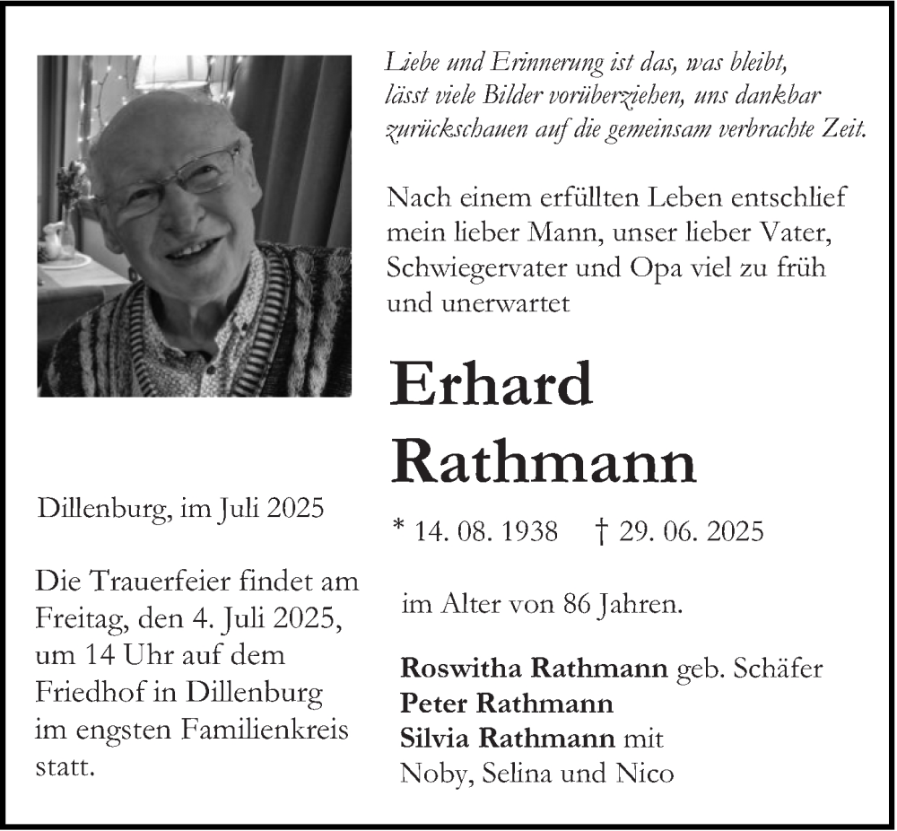  Traueranzeige für Erhard Rathmann vom 02.07.2025 aus Dill Block