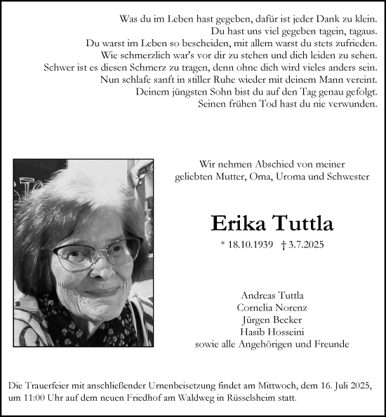 Traueranzeige von Erika Tuttla von Rüsselsheimer Echo