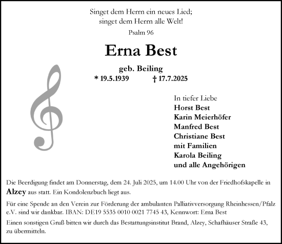 Traueranzeige von Erna Best von Allgemeine Zeitung Alzey