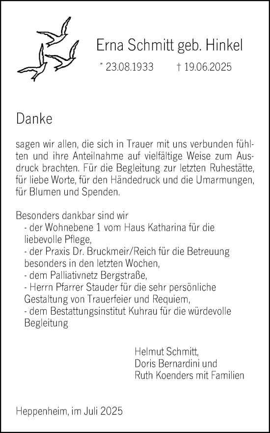 Traueranzeige von Erna Schmitt von Starkenburger Echo