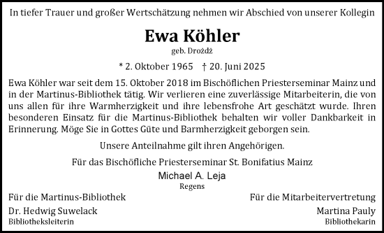 Traueranzeige von Ewa Köhler von Allgemeine Zeitung Mainz