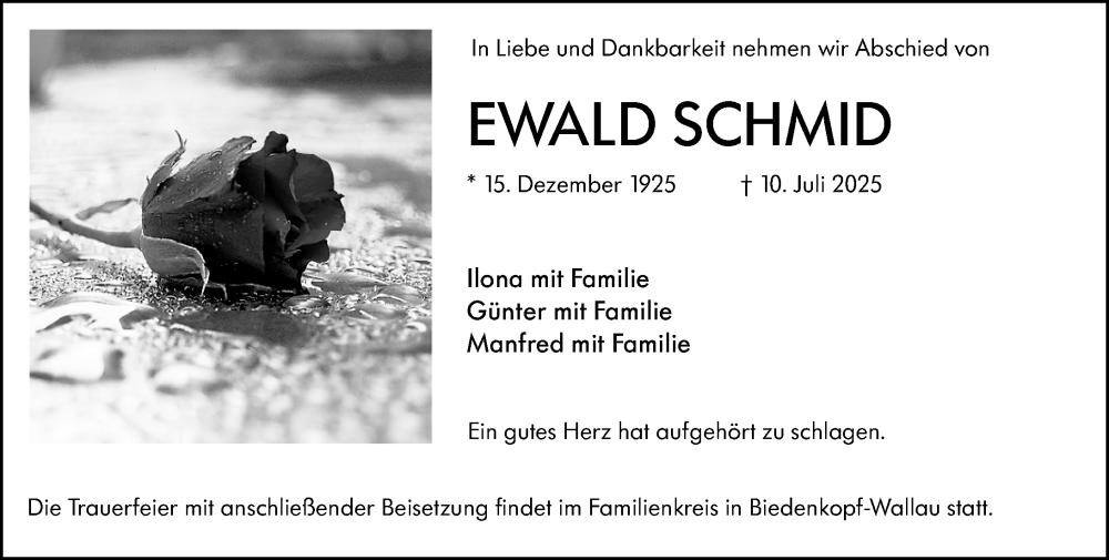  Traueranzeige für Ewald Schmid vom 12.07.2025 aus Hinterländer Anzeiger