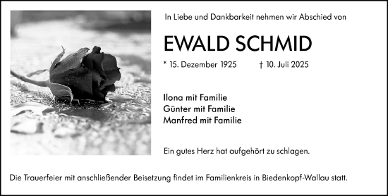 Traueranzeige von Ewald Schmid von Hinterländer Anzeiger