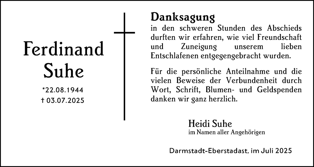  Traueranzeige für Ferdinand Suhe vom 26.07.2025 aus Darmstädter Echo