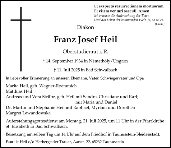 Traueranzeige von Franz Josef Heil von Idsteiner Land/Untertaunus