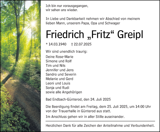 Traueranzeige von Friedrich Greipl von Hinterländer Anzeiger