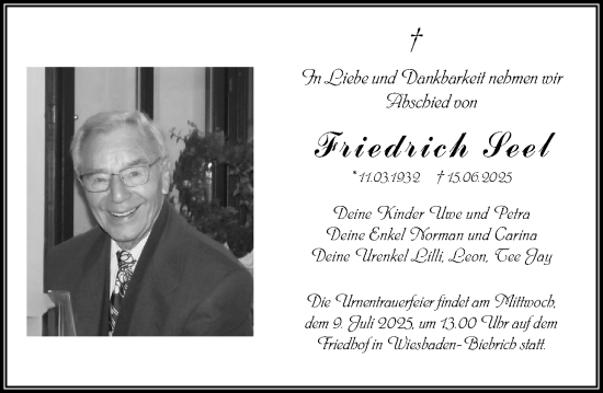 Traueranzeige von Friedrich Seel von Wiesbadener Kurier