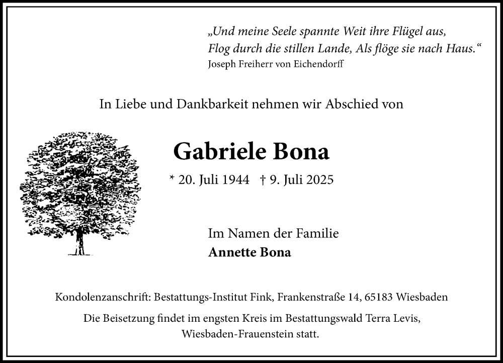  Traueranzeige für Gabriele Bona vom 19.07.2025 aus Wiesbadener Kurier