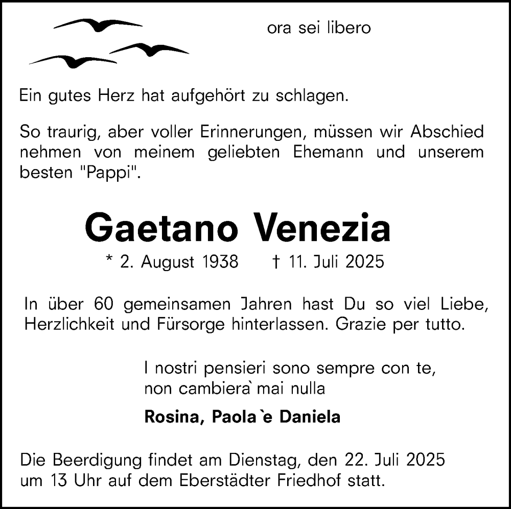  Traueranzeige für Gaetano Venezia vom 19.07.2025 aus Darmstädter Echo
