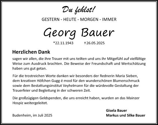 Traueranzeige von Georg Bauer von Allgemeine Zeitung Rheinhessen-Nahe