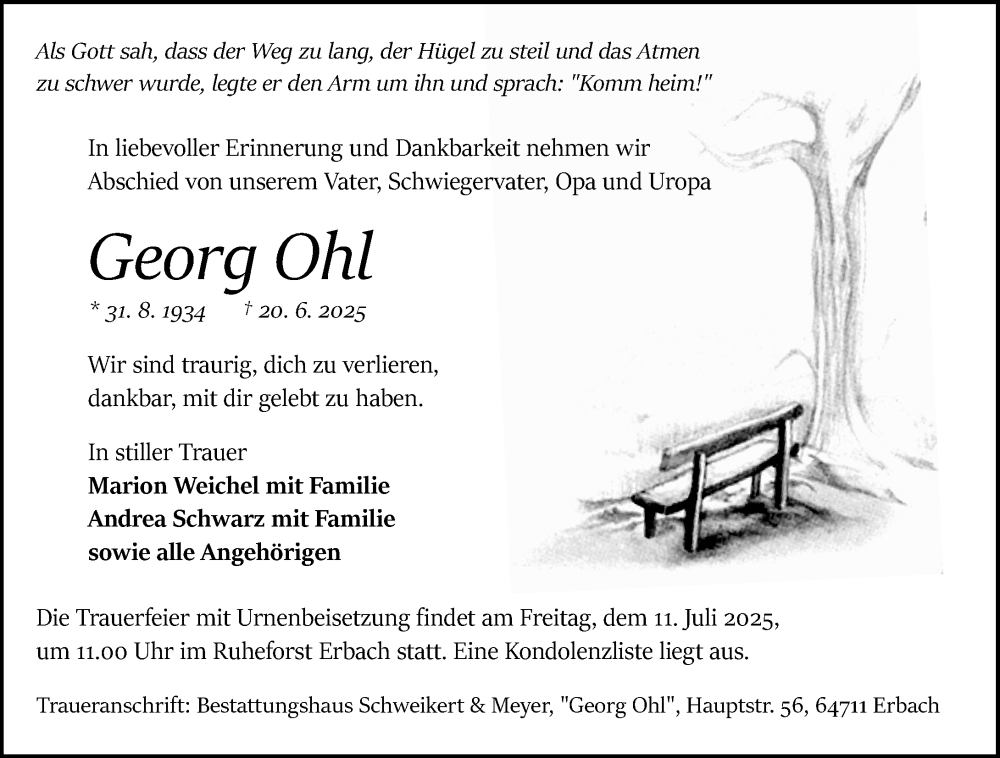  Traueranzeige für Georg Ohl vom 05.07.2025 aus Odenwälder Echo