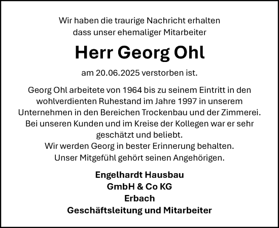 Traueranzeige von Georg Ohl von Odenwälder Echo