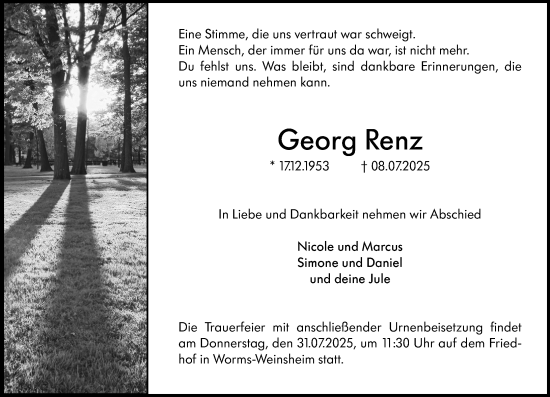 Traueranzeige von Georg Renz von Wormser Zeitung