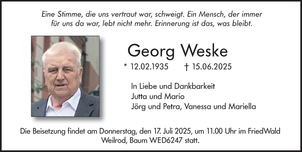  Traueranzeige für Georg Weske vom 05.07.2025 aus Idsteiner Land/Untertaunus