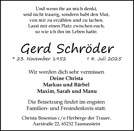 Traueranzeige von Gerd Schröder von Wiesbadener Kurier
