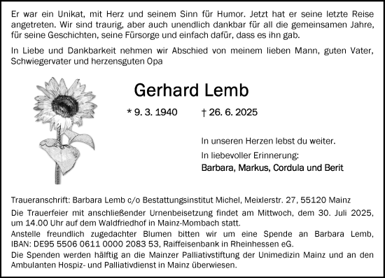 Traueranzeige von Gerhard Lemb von Allgemeine Zeitung Mainz