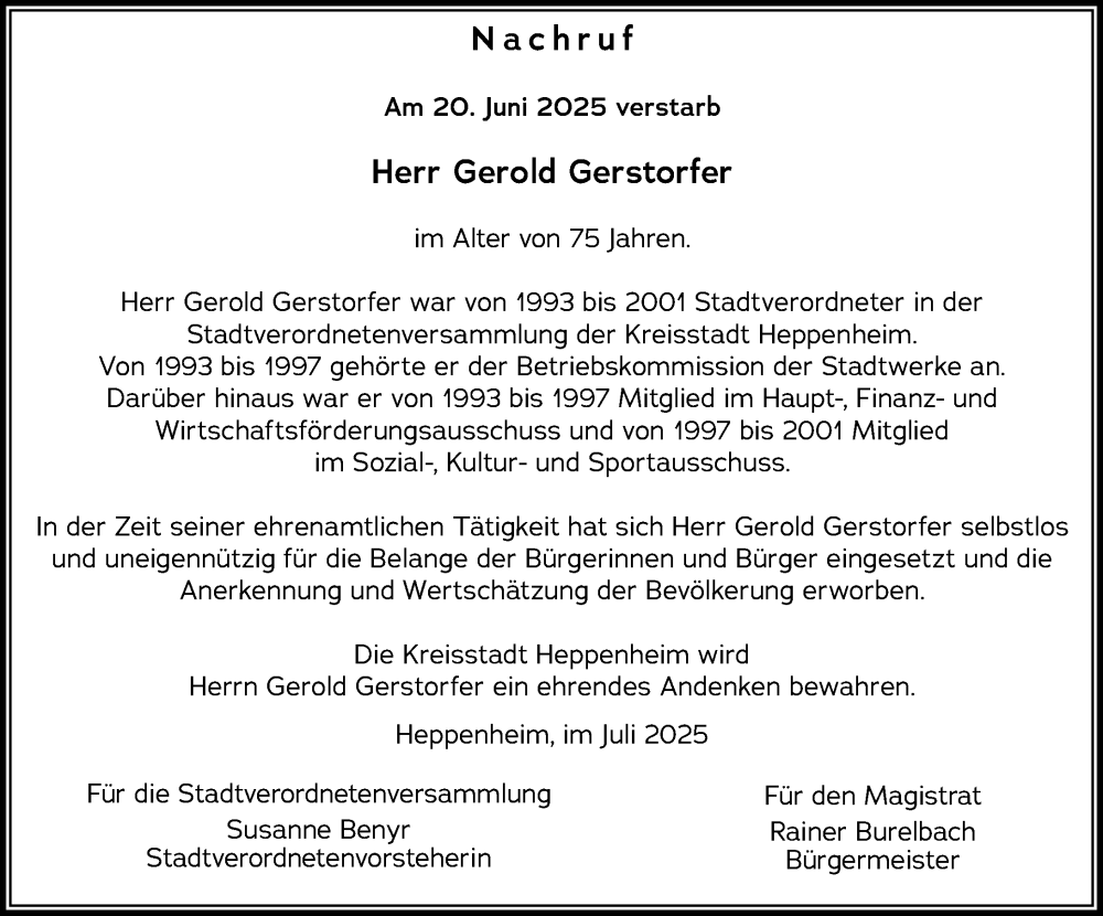  Traueranzeige für Gerold Gerstorfer vom 12.07.2025 aus Starkenburger Echo