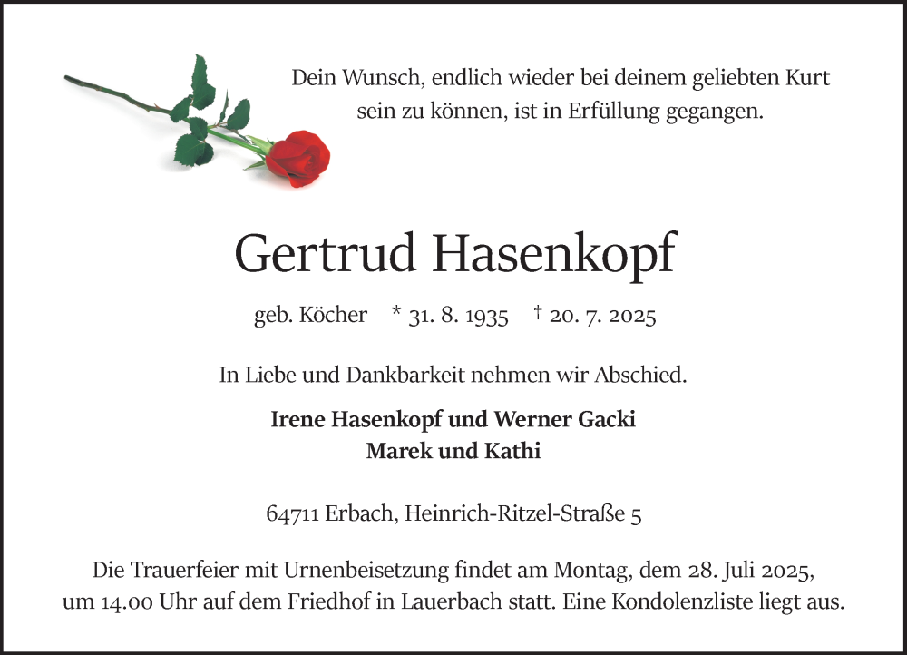  Traueranzeige für Gertrud Hasenkopf vom 26.07.2025 aus Odenwälder Echo