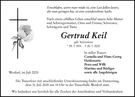 Traueranzeige von Gertrud Keil von Wetzlarer Neue Zeitung