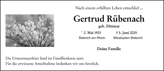 Traueranzeige von Gertrud Rübenach von Wiesbadener Kurier