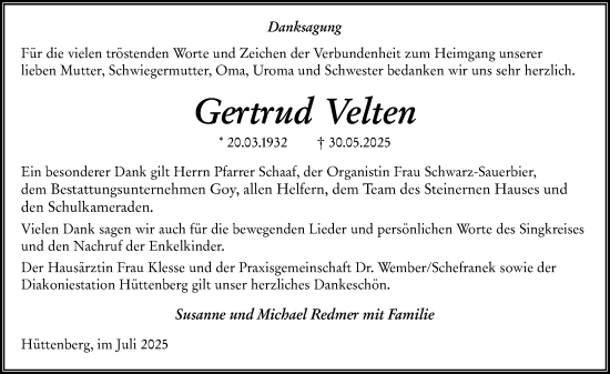 Traueranzeige von Gertrud Velten von Wetzlarer Neue Zeitung