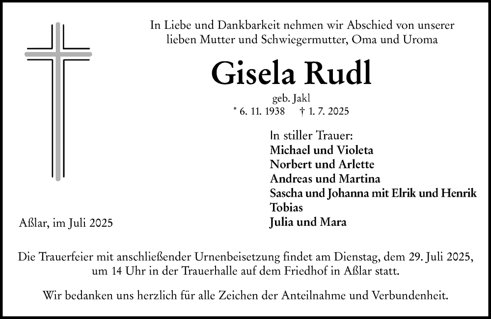  Traueranzeige für Gisela Rudl vom 12.07.2025 aus Wetzlarer Neue Zeitung