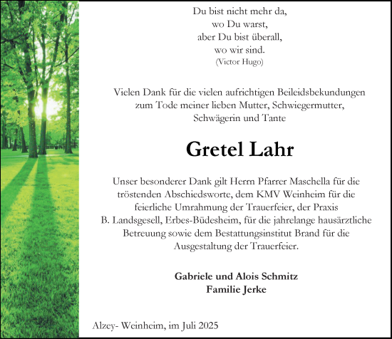 Traueranzeige von Gretel Lahr von Allgemeine Zeitung Alzey