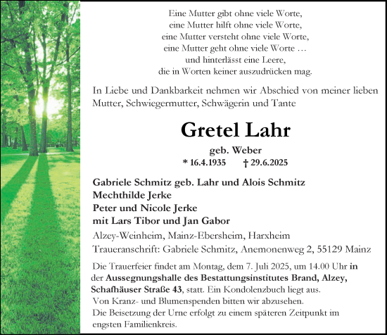 Traueranzeige von Gretel Lahr von Allgemeine Zeitung Alzey