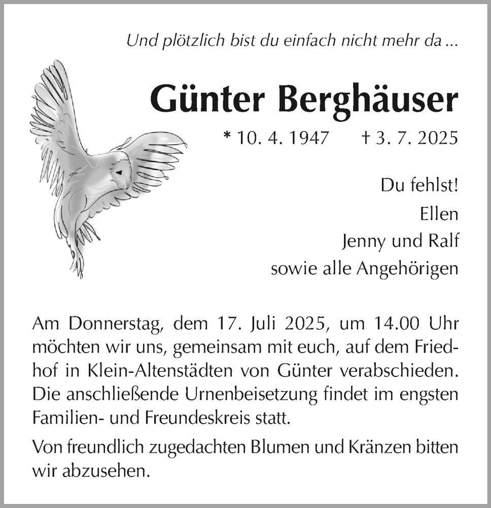  Traueranzeige für Günter Berghäuser vom 12.07.2025 aus Wetzlarer Neue Zeitung