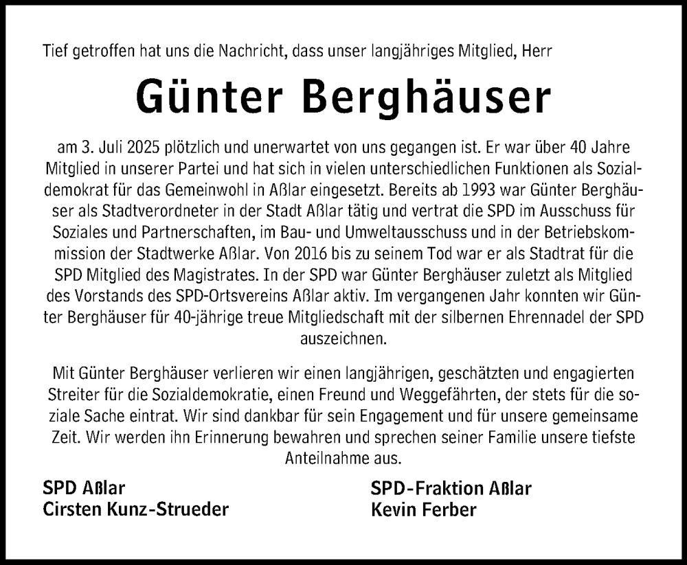  Traueranzeige für Günter Berghäuser vom 14.07.2025 aus Wetzlarer Neue Zeitung