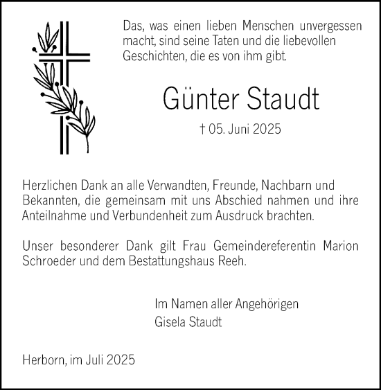 Traueranzeige von Günter Staudt von Dill Block