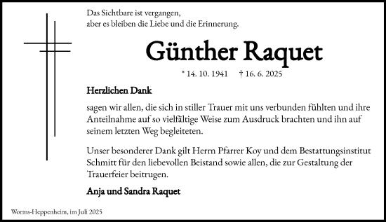 Traueranzeige von Günther Raquet von Wormser Zeitung