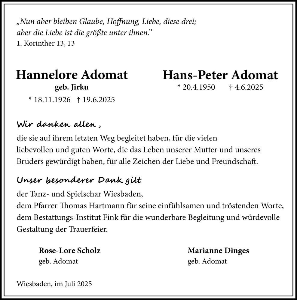  Traueranzeige für Hannelore Adomat vom 19.07.2025 aus Wiesbadener Kurier