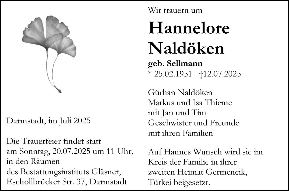  Traueranzeige für Hannelore Naldöken vom 19.07.2025 aus Darmstädter Echo