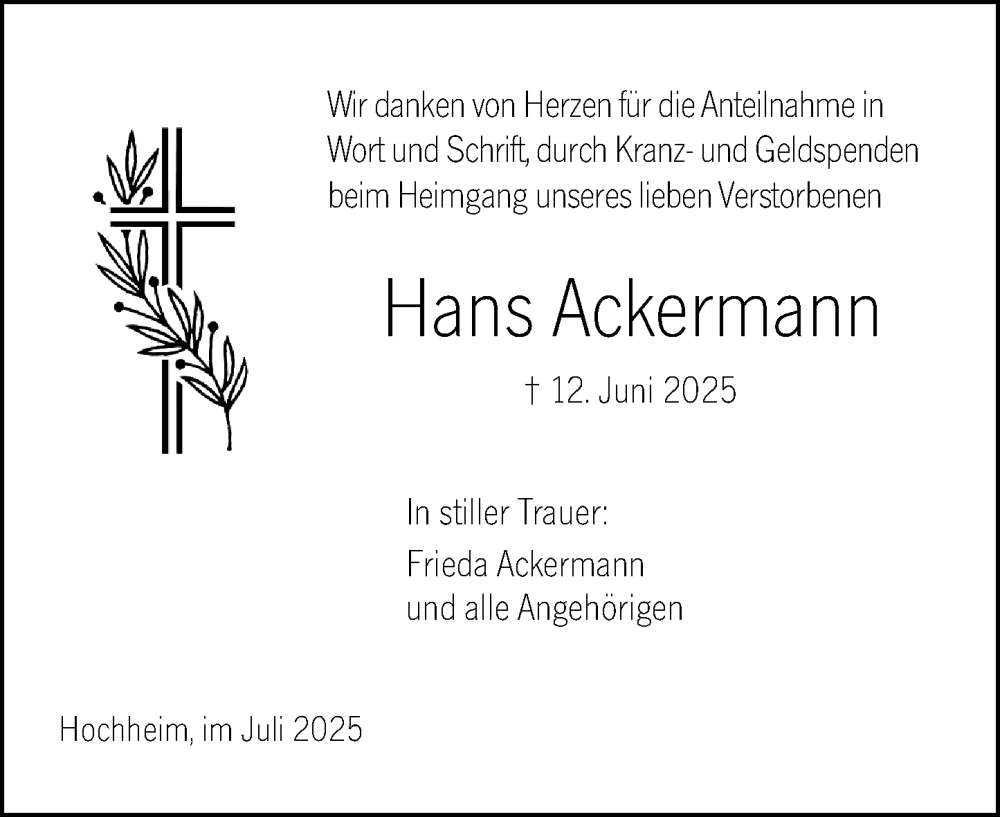  Traueranzeige für Hans Ackermann vom 11.07.2025 aus Hochheimer Zeitung