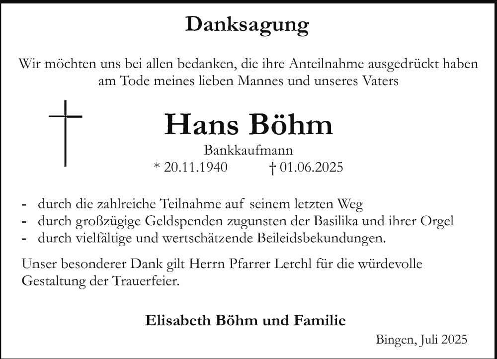  Traueranzeige für Hans Böhm vom 12.07.2025 aus Allgemeine Zeitung Rheinhessen-Nahe