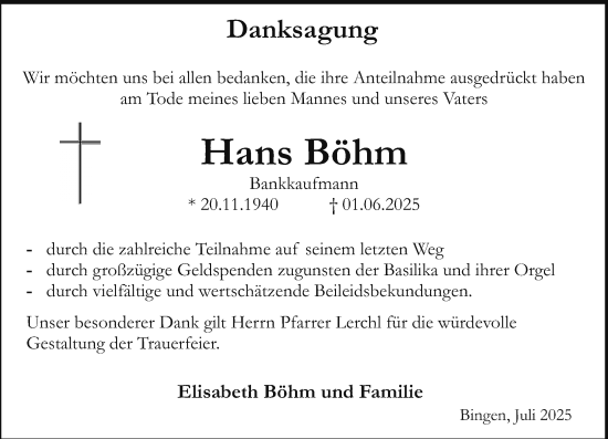 Traueranzeige von Hans Böhm von Allgemeine Zeitung Rheinhessen-Nahe