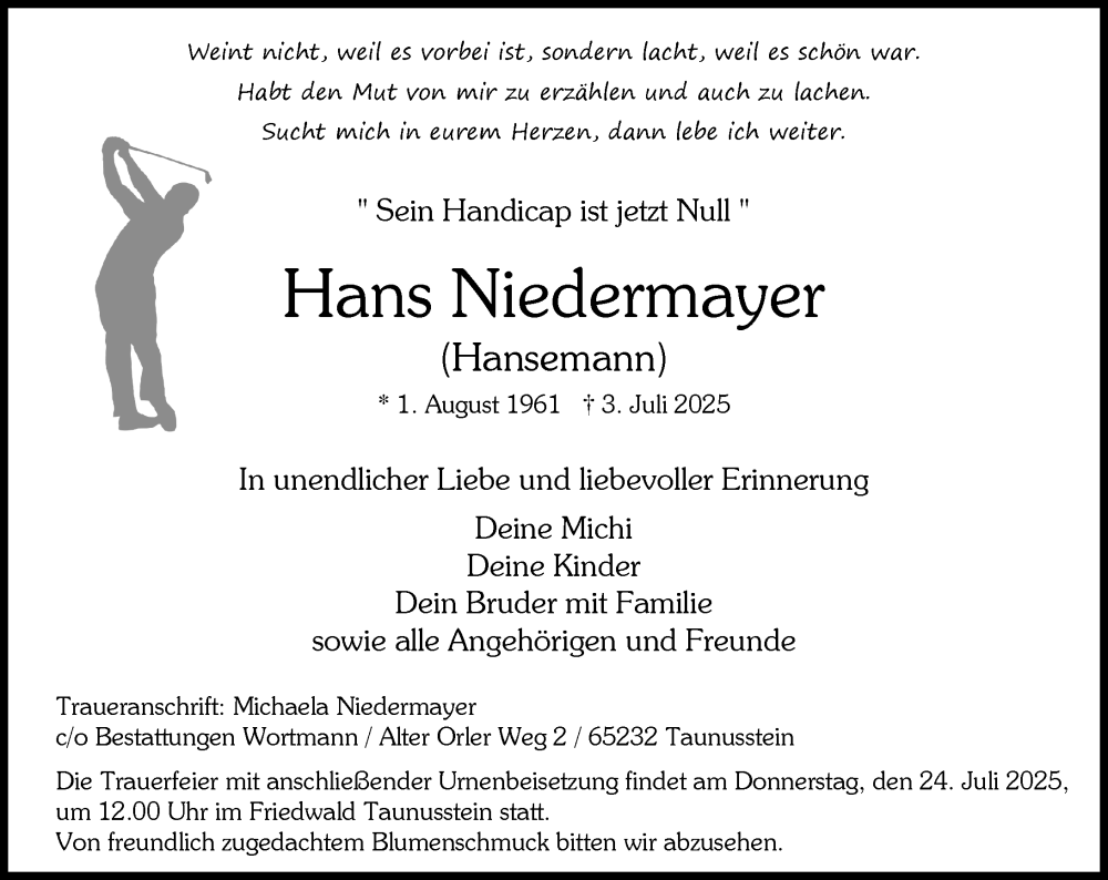  Traueranzeige für Hans Niedermayer vom 12.07.2025 aus Wiesbadener Kurier