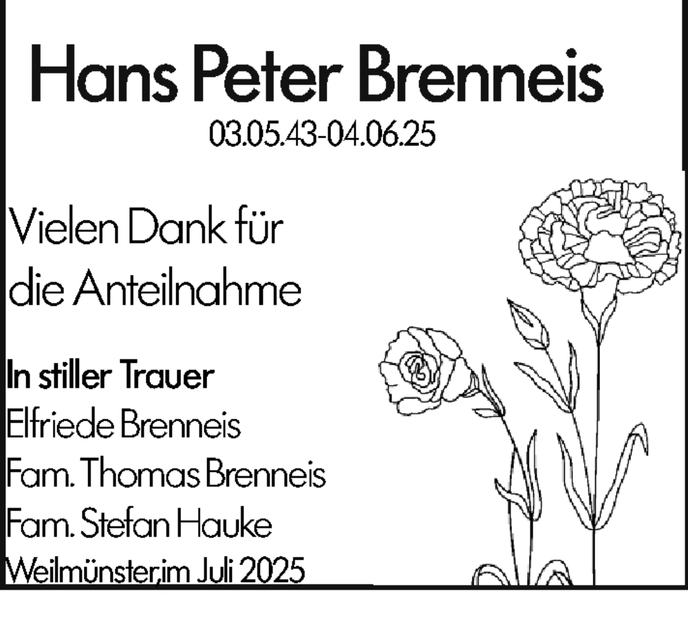  Traueranzeige für Hans Peter Brenneis vom 14.07.2025 aus Weilburger Tageblatt