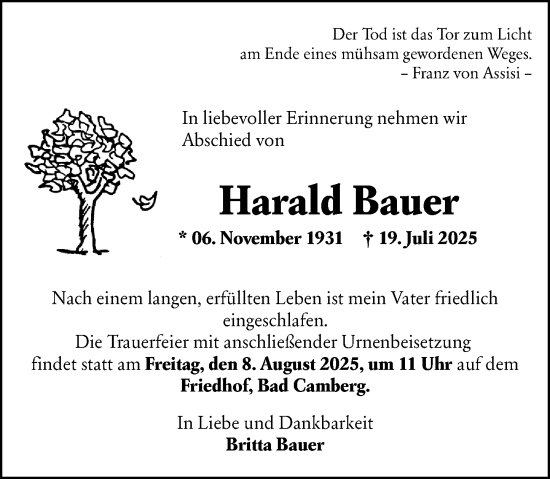Traueranzeige von Harald Bauer von Camberger Anzeiger