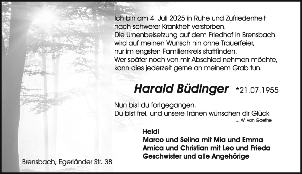  Traueranzeige für Harald Büdinger vom 12.07.2025 aus Odenwälder Echo