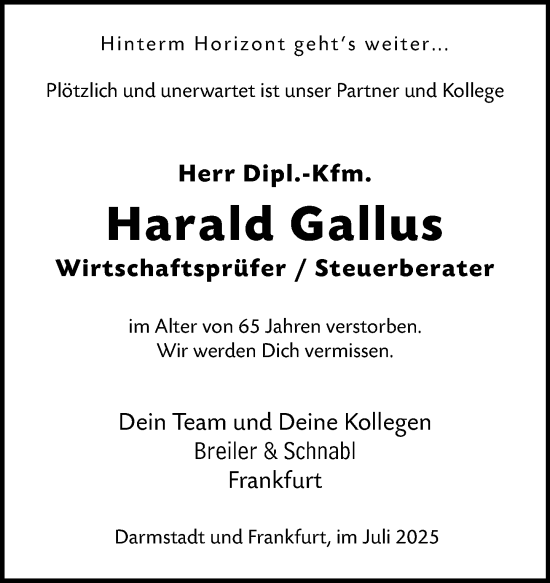 Traueranzeige von Harald Gallus von Darmstädter Echo