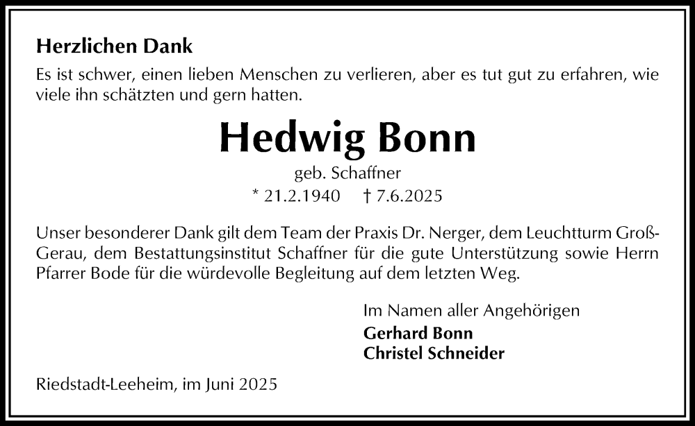 Traueranzeige für Hedwig Bonn vom 12.07.2025 aus Groß-Gerauer Echo
