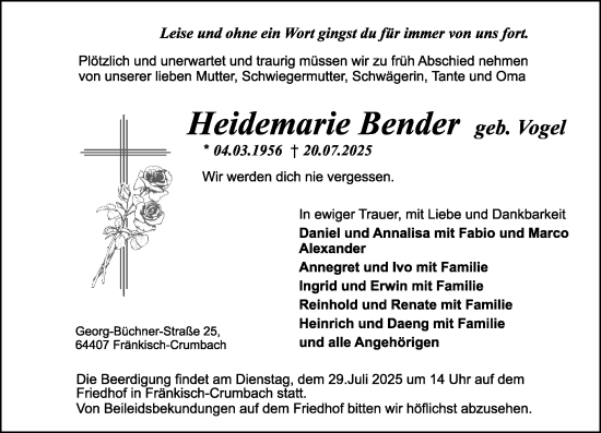 Traueranzeige von Heidemarie Bender von Odenwälder Echo