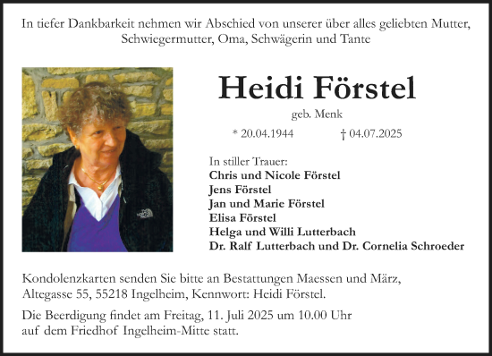 Traueranzeige von Heidi Förstel von Allgemeine Zeitung Rheinhessen-Nahe