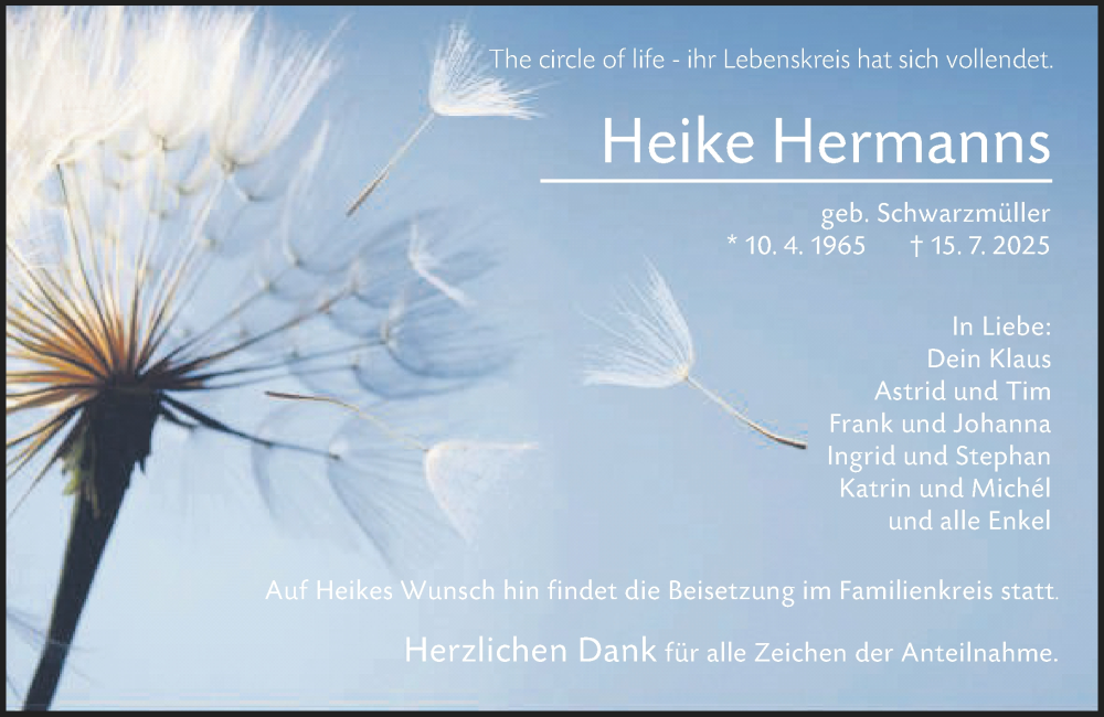  Traueranzeige für Heike Hermanns vom 19.07.2025 aus Wetzlarer Neue Zeitung