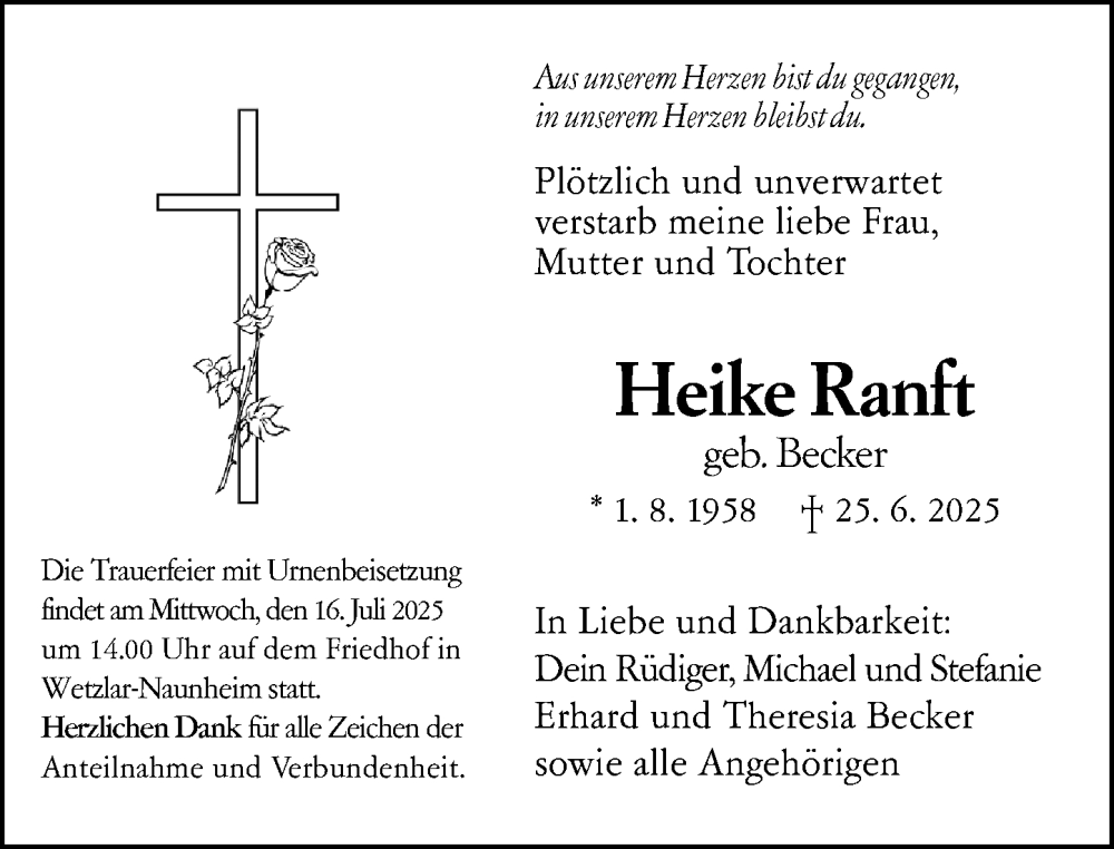  Traueranzeige für Heike Ranft vom 12.07.2025 aus Wetzlarer Neue Zeitung
