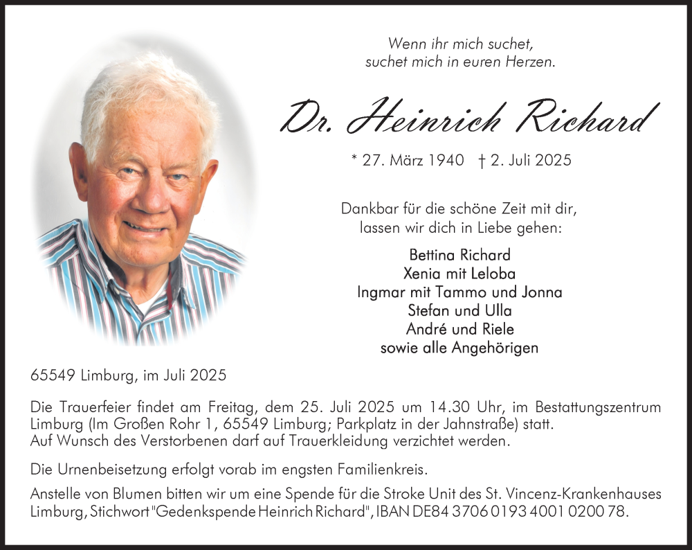  Traueranzeige für Heinrich Richard vom 19.07.2025 aus Nassauische Neue Presse