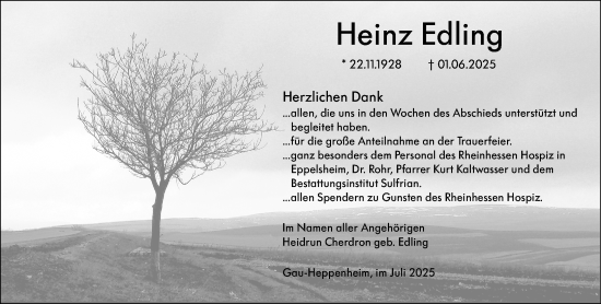 Traueranzeige von Heinz Edling von Allgemeine Zeitung Alzey