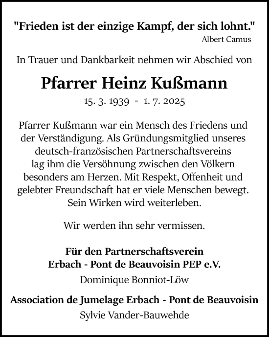 Traueranzeige von Heinz Kußmann von Odenwälder Echo
